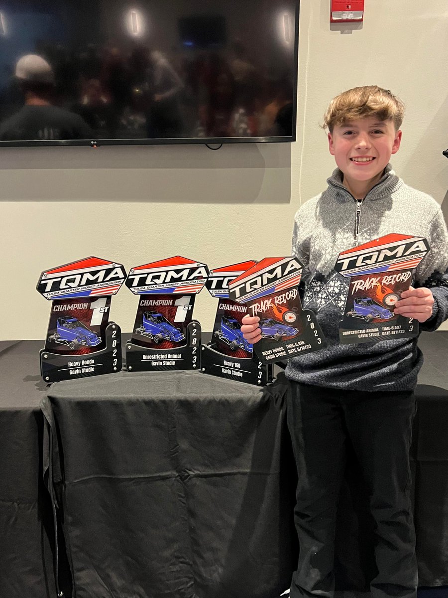 Congratulations to Gavin Studie (Cherokee), from Tulsa, Oklahoma, who won the points Championships in all 3 classes that he raced at Tulsa Quarter Midget Association which is sanctioned under the NASCAR Youth Series. Of 46 races Gavin ran throughout the country in he won 37.