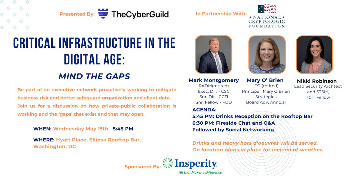 Join 'Critical Infrastructure in the Digital Age: Mind the Gaps'! 💫 When: Wednesday May 15th, 5:45 PM Where: Hyatt Place, Ellipse Rooftop Bar, Washington, DC Register here - ow.ly/S9M150Rj2yJ #cybersecurity #technology
