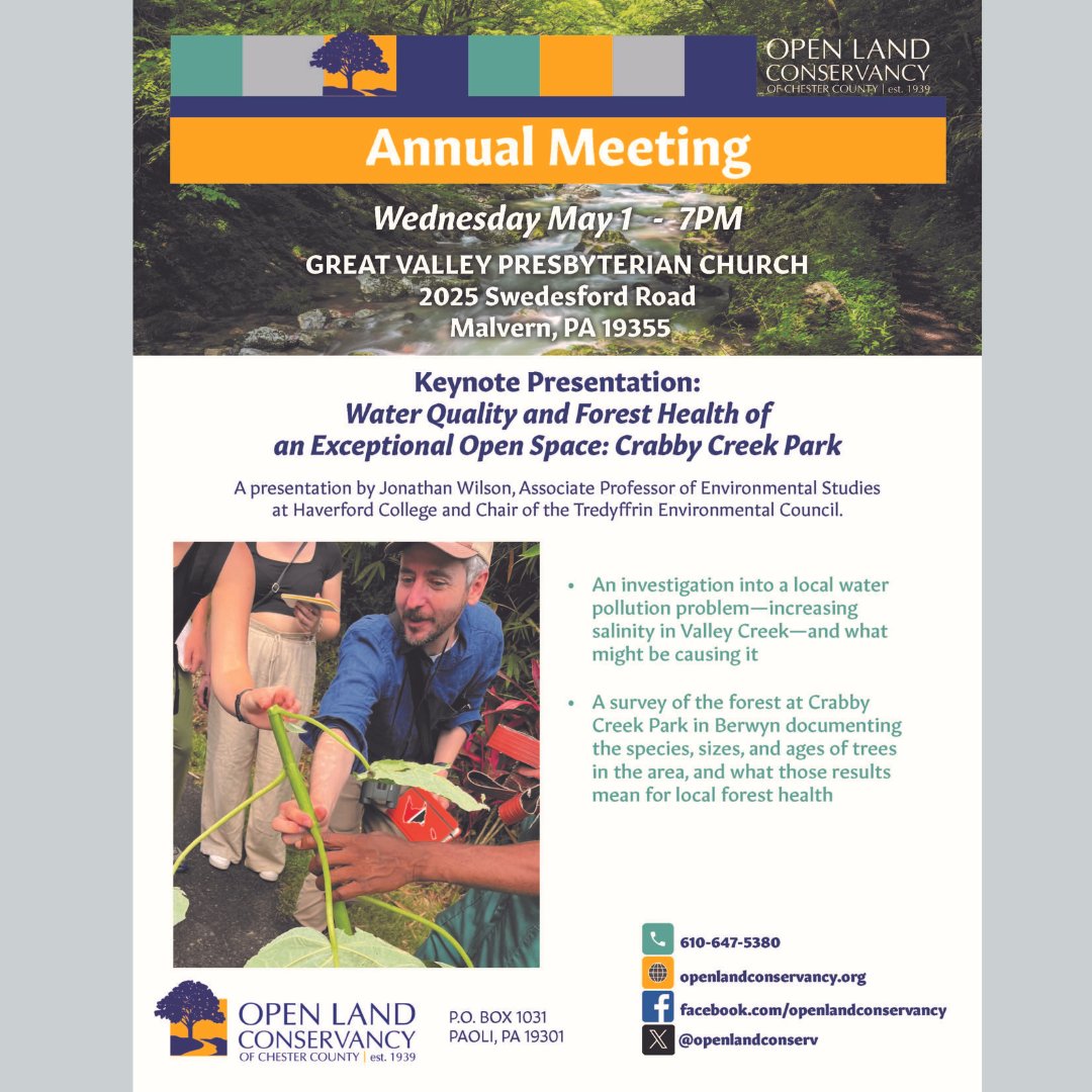 Please join us in the Great Valley Presbyterian Church for our Annual Meeting, and to hear from Jon Wilson, Haverford College Professor and Chair of Tredyffrin's EAC, about the fascinating environmental science of our watersheds. @openlandconserv #cccf #chescocf