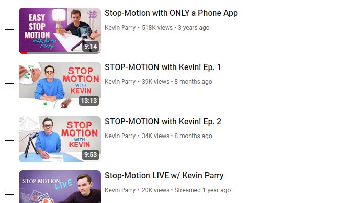 I put together a playlist for anyone looking to start learning stop-motion animation: • Getting started with just your phone • Simple beginner lessons • Live streamed animating (mistakes and all) kevinparry.tv/freelessons