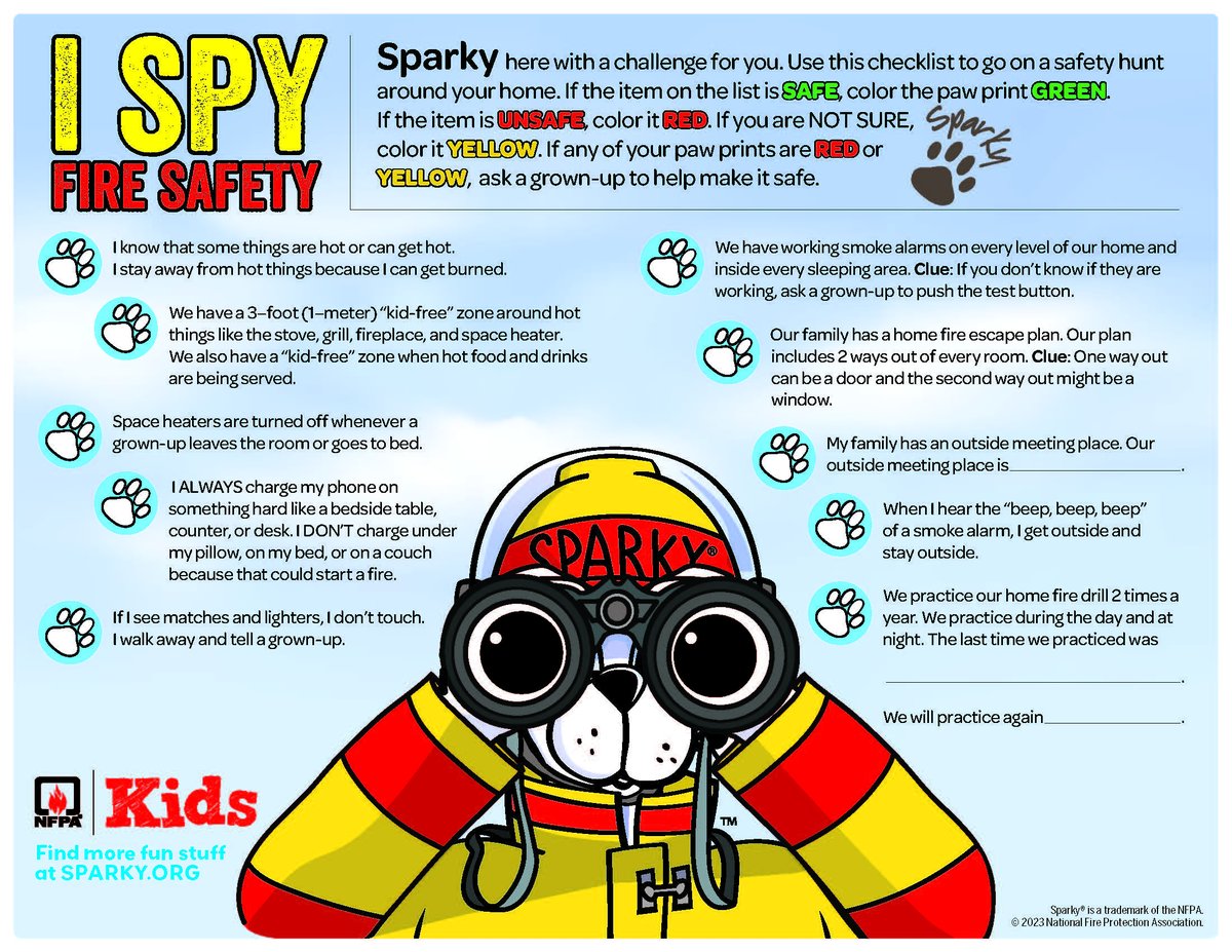 Join Sparky's Fire Safety Challenge by using the checklist to inspect your home for fire hazards. Color the paw prints green for safe items, red for unsafe, and yellow if unsure. Share your progress using #SparkySafetyChallenge! Download here: nfpa.social/yEbh50RjiaA