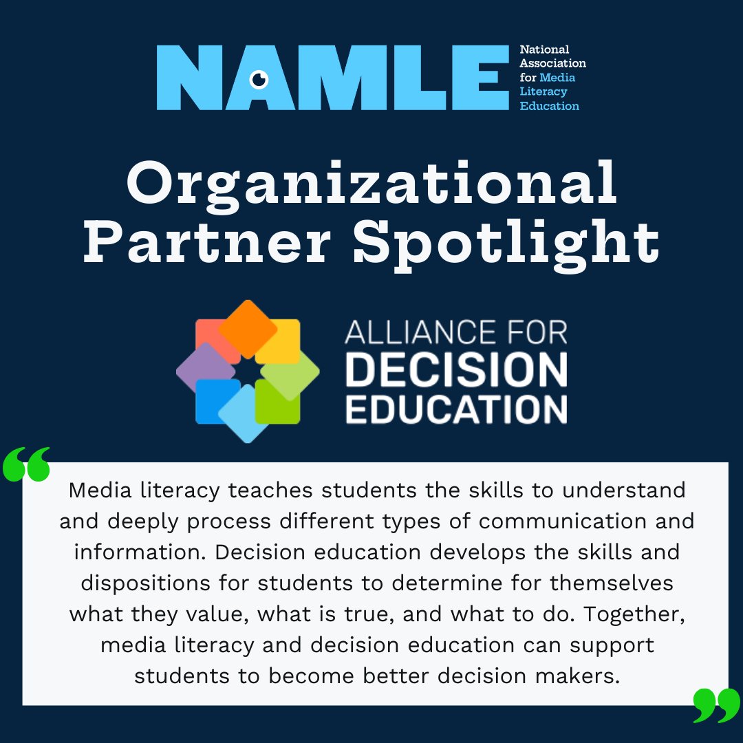 Meet NAMLE's Organizational Partner Spotlight for April, @AllDecisionEd! 👏 'Together, media literacy and decision education can support students to become better decision makers.' Read the full spotlight 👉 ow.ly/uwq150Rk6aU #MediaLiteracy #Community #Education #K12