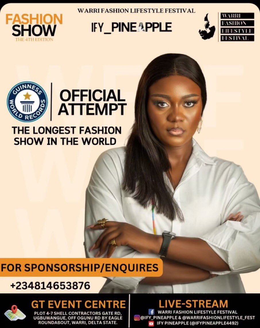 BabyHondy's tweet photo. Kudos to everyone on this journey with @ify_pineapple, you are the best๐ซก๐ฅ.
She is still on the attempt to break 100hours @GWR longest fashion show in the world. Guys letโs keep streaming
#ifypineapple #wflf https://t.co/TKFHFY9Lu9