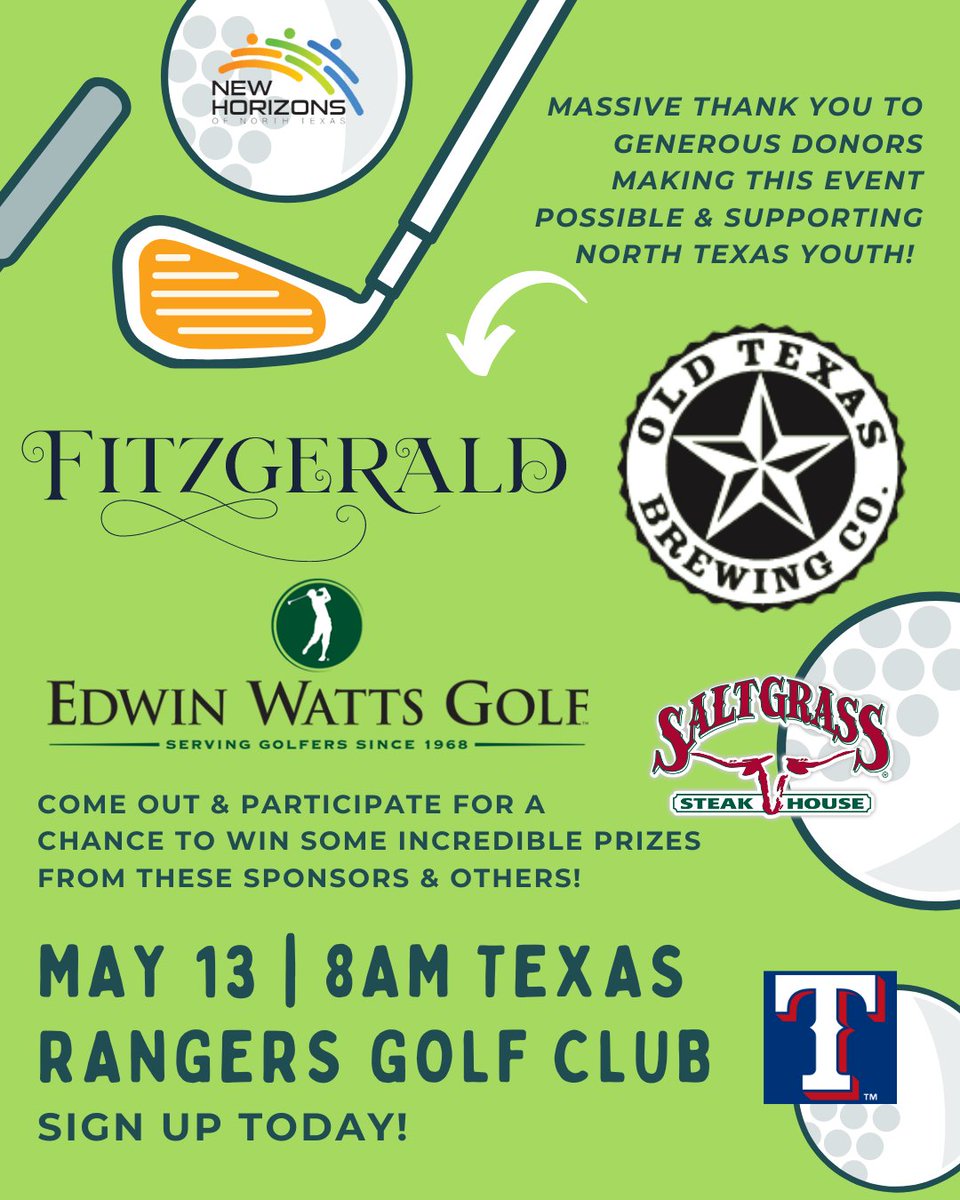 SIGN UP IN BIO!! Less than three weeks to go! Spaces still open! Come support #NTX Youth & get a chance to win awesome prizes from these and other generous sponsors! When helping kids, everyone is a winner🏆 #charitygolf #dfw #nonprofit #DallasTX #golftwitter  #TexasRangers