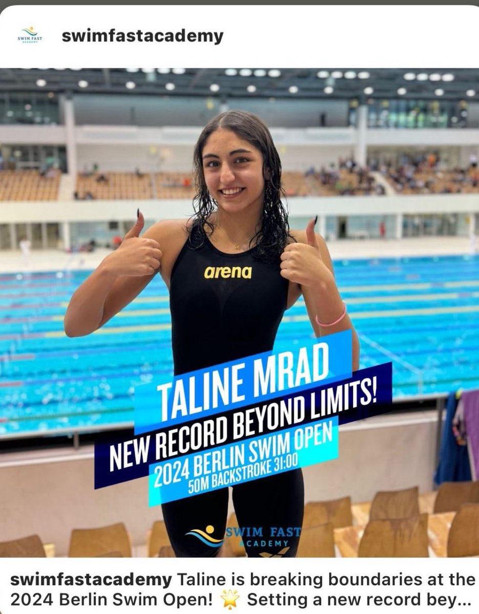 HamamMaha's tweet photo. New record beyond limits❤️Congrats Taline Mrad #2024Berlinswim🌹@Hhhsinfo @ea_rania @DidiSaleh10 https://t.co/alu05OCOPB