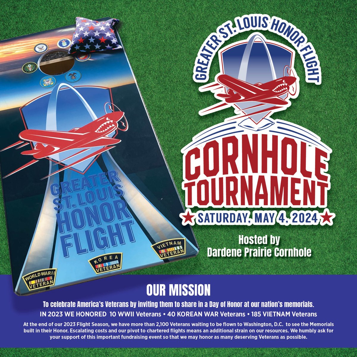 🌟 Join us for a day of fun & philanthropy! 🌟 Register for our Cornhole Tournament in support of our mission. 🏆🌽
📅 5/4/24
⏰ 10a
📍 The Hitting Zone • O'Fallon, MO
✅ bit.ly/GSLHF24Cornhole
Make a meaningful impact in the lives of our Vets!.  #CornholeForACause #honorflight