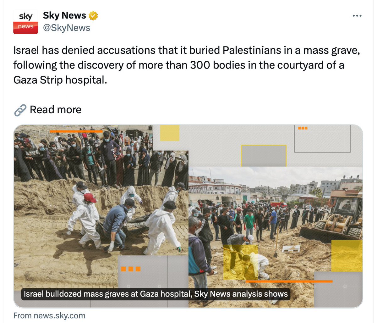 @SkyNews This is a disgracefully dishonest tweet. Even your own report shows these people were buried by Palestinians, contrary to the wild conspiracy theory floating around that it was a cover-up for a massacre by Israelis. @HonestReporting @CAMERAorg