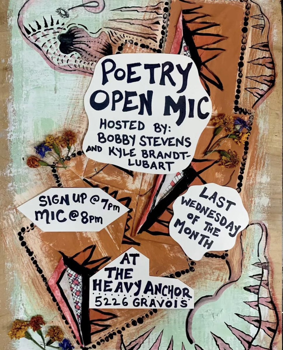 Wednesday at 8pm - Poetry Open Mic We’ll be holding it down every last Wednesday of the month. Explorers of language, first-time readers, veteran word artists—all are welcome to the stage and in this space. Hosted by @BobbyisAlive & Kyle Brandt-Lubart