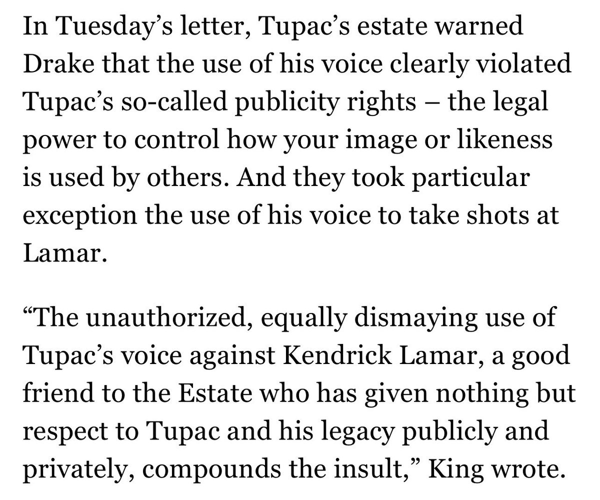 Tupac’s estate is threatening to sue Drake over the Kendrick Lamar diss track for using AI Tupac (via Billboard)