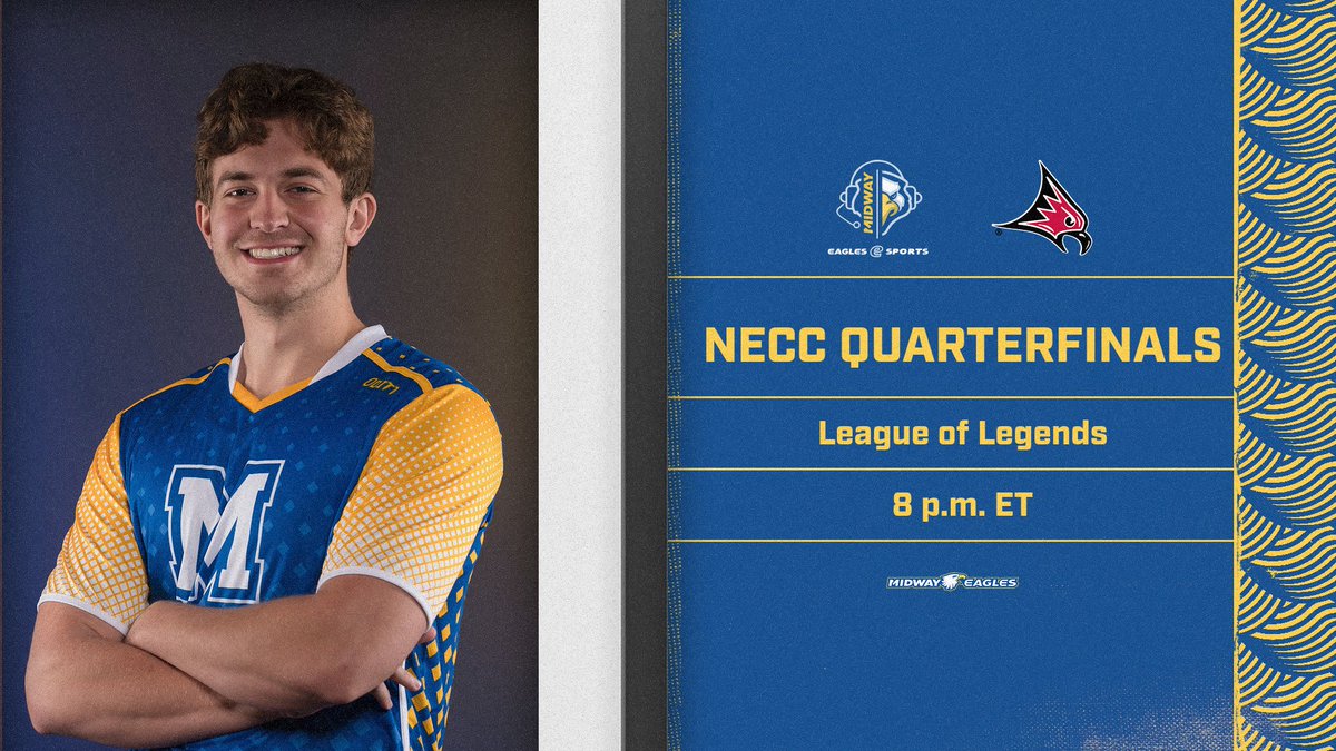 Midway Eagles (@gomidwayeagles) on Twitter photo 🚨NECC QUARTERFINALS🚨
<a href="/EsportsMidway/">Midway University Esports</a> 🆚 @UWRFE
🎮 League of Legends
⏰: 8 p.m. ET
📺: twitch.tv/midwayuniversi…
#GoMidwayEagles #EagleNation #EagleEmpire 🚨NECC QUARTERFINALS🚨
<a href="/EsportsMidway/">Midway University Esports</a> 🆚 @UWRFE
🎮 League of Legends
⏰: 8 p.m. ET
📺: twitch.tv/midwayuniversi…
#GoMidwayEagles #EagleNation #EagleEmpire