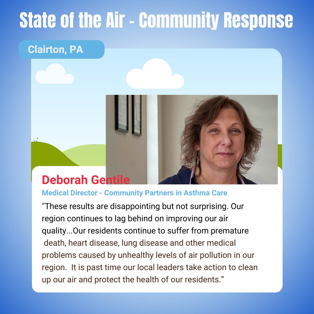 Pittsburgh remains one of the most challenging places to live with asthma in the U.S. 22,446 children in Allegheny County, many living near smokestack pollution sources in communities like Clairton, have a 3-times higher rate of asthma.  @AmericanLung #StateoftheAir