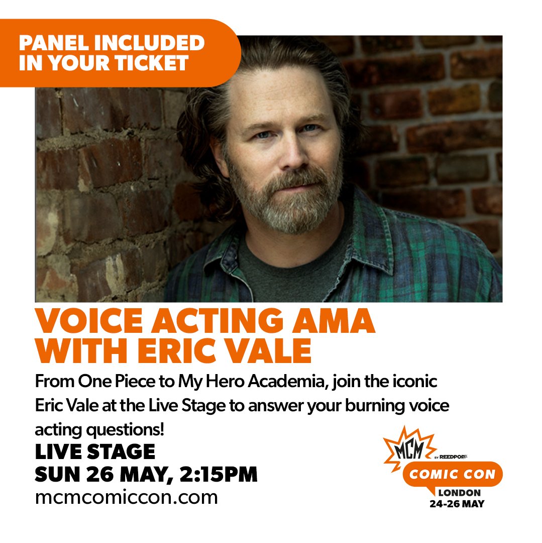 Join a Voice Acting AMA with Eric Vale at MCM London! 🎤

📍 Live Stage
🗓️ Sun 26 May
⏰ 2:15pm
✨ First come first served, included in tickets
 
Buy MCM tickets: shorturl.at/dgtz3