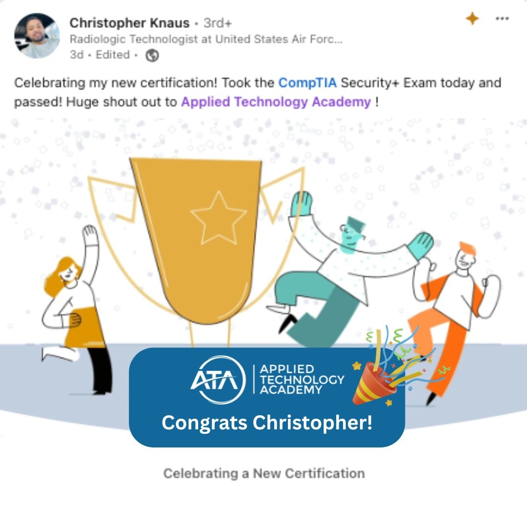 Christopher is a proud ATA student that just passed CompTIA Security+. Congrats to Christopher, your hard work paid off! #Success #Student #Passed #GreatJob