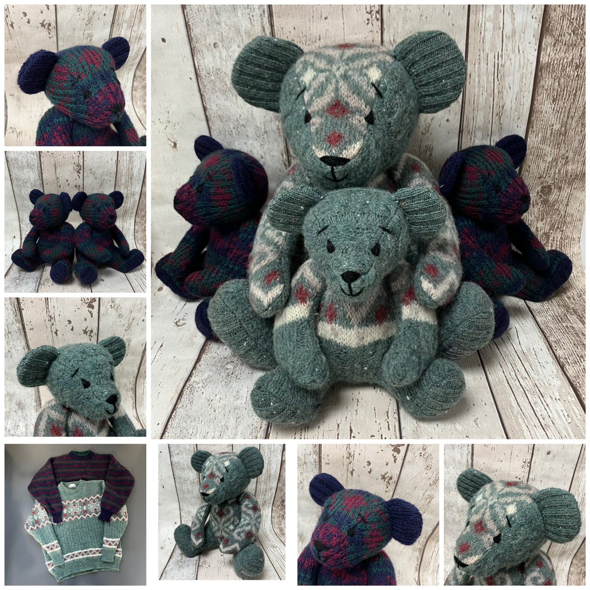 Burra Bear commissions: a family of Burra Bears made from two favourite jumpers in memory of a dear Dad, much loved and very sadly missed #burrabears #shetland