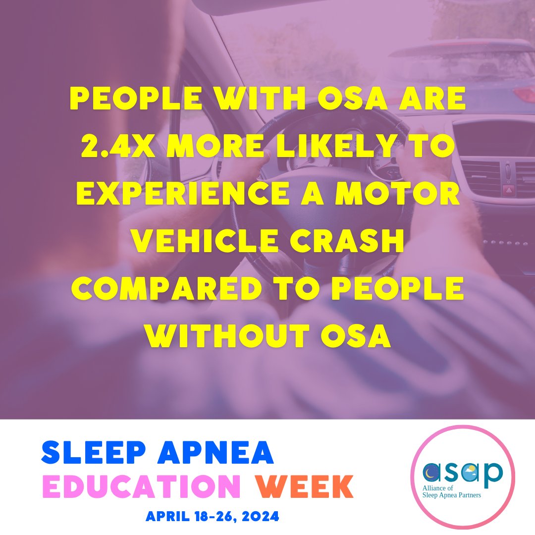 People with obstructive sleep apnea are 2-4x more likely to experience a car crash. Treatment can save costs by preventing lost wages from missing work, higher insurance premiums, and medical expenses. #SleepApneaEducationWeek

Learn more with @aasmorg: sleepeducation.org/get-involved/c…