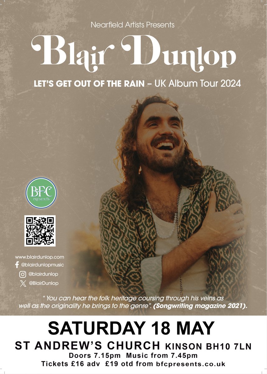 Not long until we welcome @blairdunlop for our next concert on 18 May. Tickets selling well so don't hang about if you're planning on coming!

bfcpresents.co.uk/gigs/

#concert #albumlaunch #folkmusic #americanamusic #singersongwriter #bournemouth #kinson