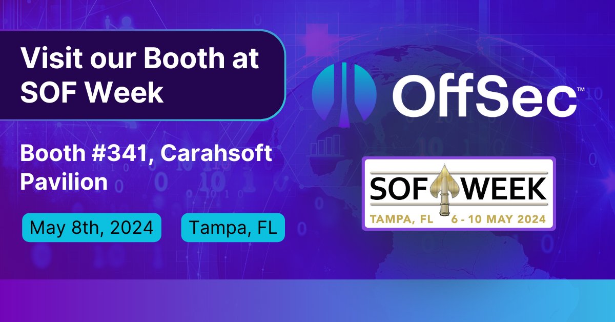 Connect with OffSec at @GlobalSOF Week in Tampa from May 6th - 10th. Stop by booth #341 in the @Carahsoft pavilion on May 8th to view our live demo and speak with members of our Public Sector Team. Interested in booking a meeting? Schedule time here: offs.ec/4b5WH22