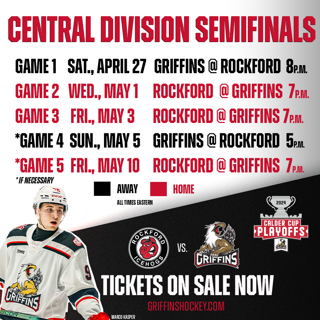 Playoff hockey is back! Make sure to be at The Van for games 2 & 3 of the Central Division Semifinals, as we take on Rockford! #GoGRG Get your tickets now > bit.ly/2zZYoQ2