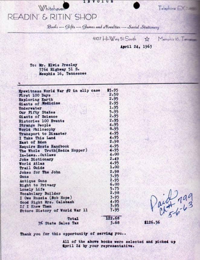 Today in 1963, #Elvis had ordered a lot of #books at the Readin' & Ritin' Shop. More on this day at buff.ly/3ODfMA5⚡️ #elvispresley #graceland #elvisaaronpresley #elvisforever #elvishistory #elvispresleyfans #presley #elvisfans #elvisfan #rocknroll #memphis #tcb