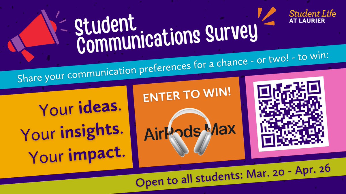 Did you hear there’s a set of AirPods Max up for grabs? 👀 Share your communication preferences and insights through the Student Communications Survey today and enter for a chance to win a set of AirPods Max! 🎧 wlu.ca1.qualtrics.com/jfe/form/SV_7a…