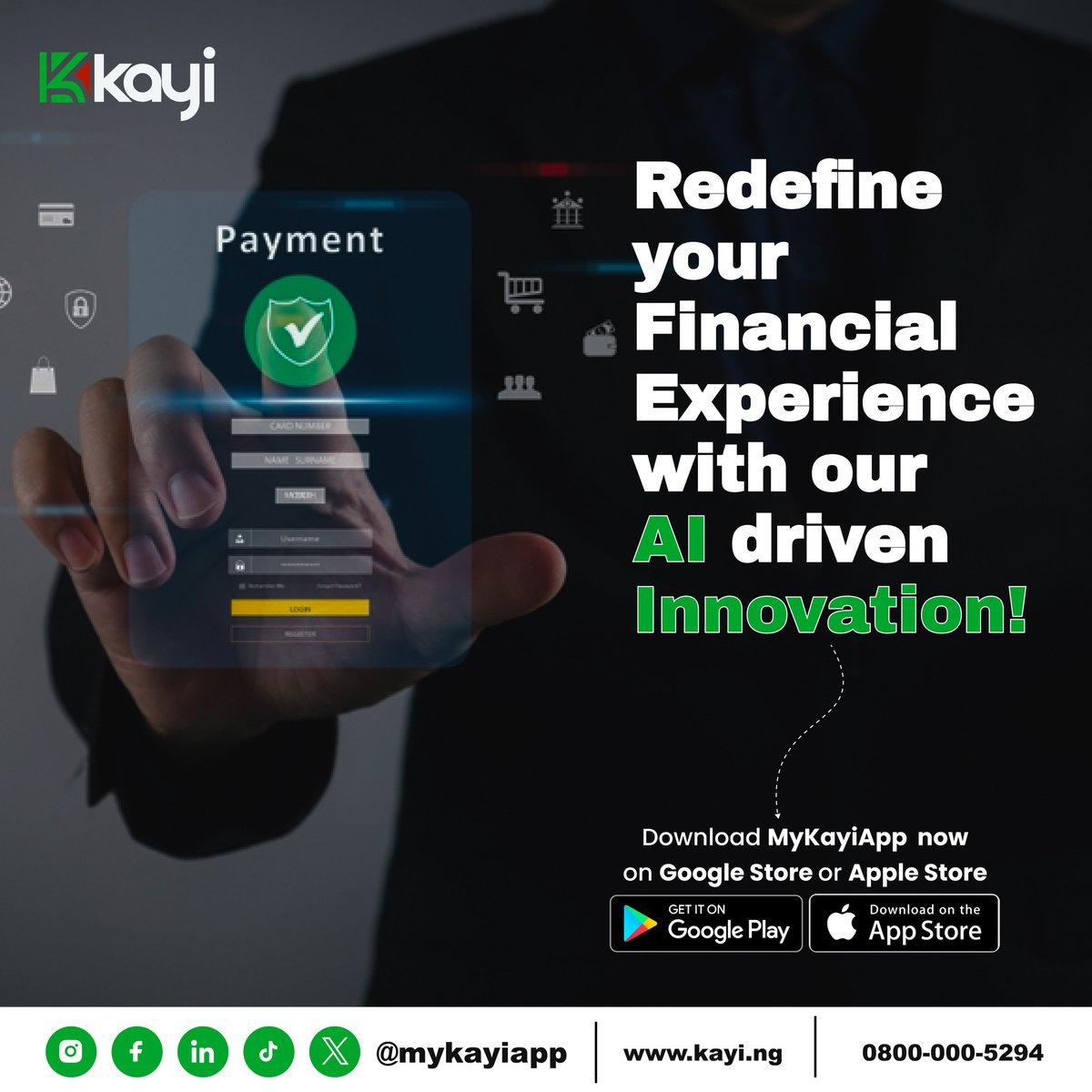 Discover the joy of digital banking! Explore seamless banking experiences powered by AI-driven innovation. Get started today by downloading MyKayiApp from the Google Store or Apple Store.

#MyKayiApp #NowLive #Kayiway #DownloadNow #Bankingwithoutlimits #downloadmykayiapp
