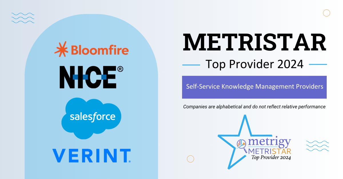 🚨 Just Announced - Four providers earned the Metrigy #MetriStar Top Provider Award for Self-Service Knowledge Management Platforms! Report linked below. Congratulations to: ⭐️ Bloomfire ⭐️ NICE ⭐️ Salesforce ⭐️ Verint #SelfService #CX #KnowledgeManagement metrigy.com/product/2024-c…