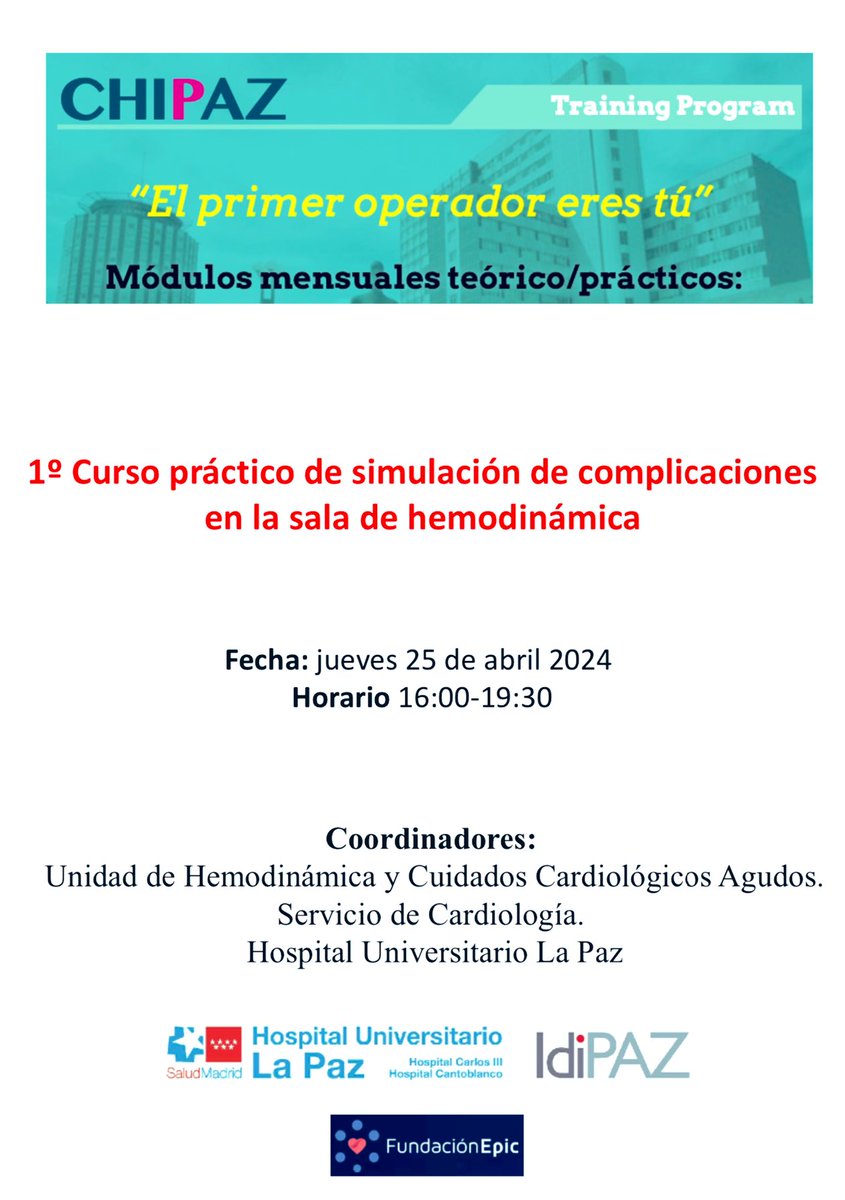 Alfonso Jurado-Román (@juradoromanal) on Twitter photo Seguimos formación #CHIP en <a href="/CardioHULP/">Cardiología La Paz</a> <a href="/Hemodin_LaPaz/">Hemodinamica_LaPaz</a> con talleres #CHIPAZ
Mñana simulamos #complicaciones en la sala de #hemodinamica junto con los compis de #UnidadCoronaria recalcando la importancia del trabajo en equipo. <a href="/shci_sec/">ACI-SEC: Hemodinamica</a> <a href="/AgudosSEC/">Asociación CI y Cuidados Agudos Cardiovasculares</a> <a href="/secardiologia/">Soc Esp Cardiología</a> <a href="/RaulmorenoMD/">Raul Moreno</a> Seguimos formación #CHIP en <a href="/CardioHULP/">Cardiología La Paz</a> <a href="/Hemodin_LaPaz/">Hemodinamica_LaPaz</a> con talleres #CHIPAZ
Mñana simulamos #complicaciones en la sala de #hemodinamica junto con los compis de #UnidadCoronaria recalcando la importancia del trabajo en equipo. <a href="/shci_sec/">ACI-SEC: Hemodinamica</a> <a href="/AgudosSEC/">Asociación CI y Cuidados Agudos Cardiovasculares</a> <a href="/secardiologia/">Soc Esp Cardiología</a> <a href="/RaulmorenoMD/">Raul Moreno</a>