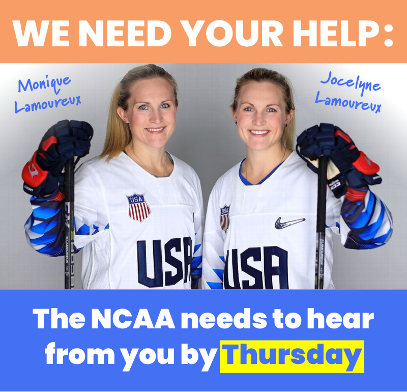 The NCAA needs to hear from YOU! 💪 Join Olympic Hockey Players Monique & Jocelyne Lamoureux, @LamoureuxTwins, in calling on the @NCAA to repeal their discriminatory policy that allows men in women's sports. 🏒 Take action ⤵️ iwf.org/tell-the-ncaa-…