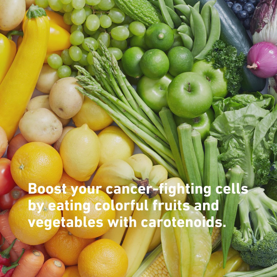Nutrition is a controllable cancer risk factor, which means it’s one way you can reduce your risk on your terms! Early research shows that eating colorful fruits and veggies with carotenoids might help protect your body from cancer cell growth. When in doubt, eat the rainbow! 🌈