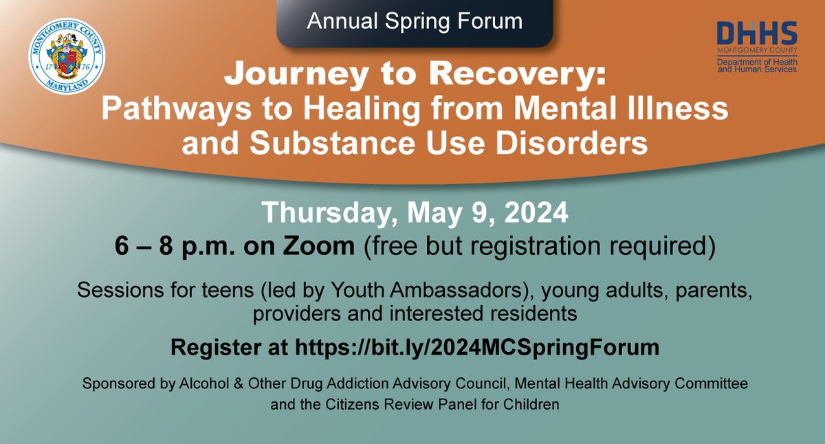 🌟 Join us for a virtual journey to healing! @MoCoDHHS' forum on Journey to Recovery: Exploring Pathways to Healing from Mental Health and Substance Use is on May 9, 6-8 PM. Learn, engage & access resources. Free event, registration required! 💻🌱 🔗 www2.montgomerycountymd.gov/mcgportalapps/…