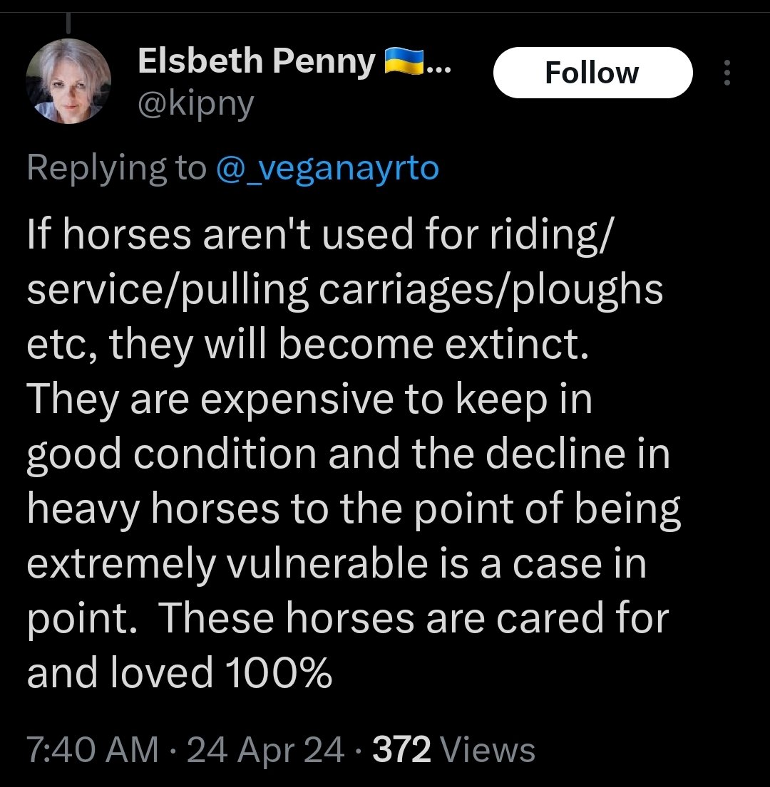 This 'thinking' ignores that humans are one animal species among millions of other animal species Our 1 species destroys the habitats of every other feeling species, treating the earth & its other inhabitants as human property She can't fathom a horse not being human property