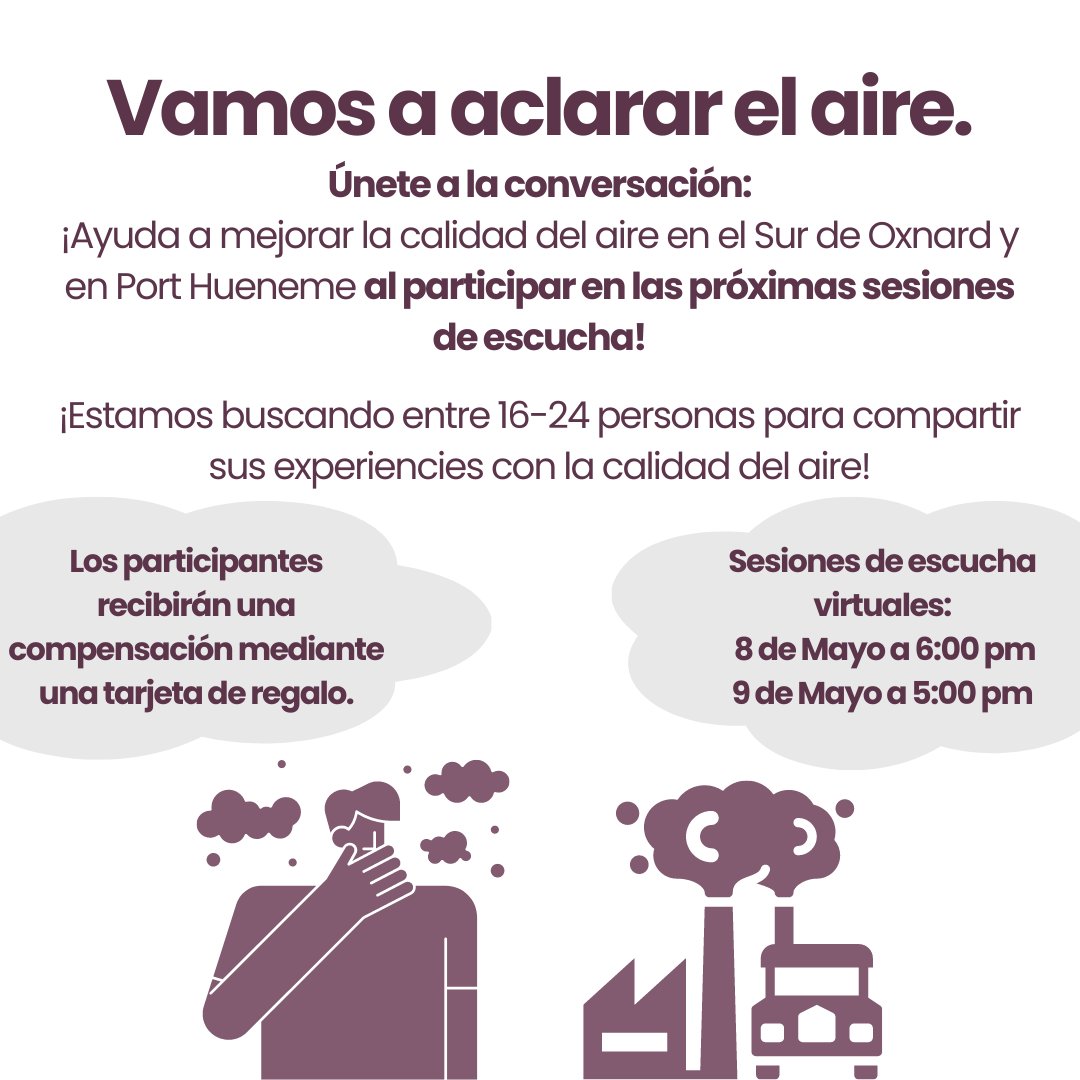 Join the conversation to help improve air quality in South Oxnard and Port Hueneme! Fill out the form linked below to learn more and to express interest in participating in a virtual listening session! English: docs.google.com/forms/d/e/1FAI… Spanish: docs.google.com/forms/d/e/1FAI…