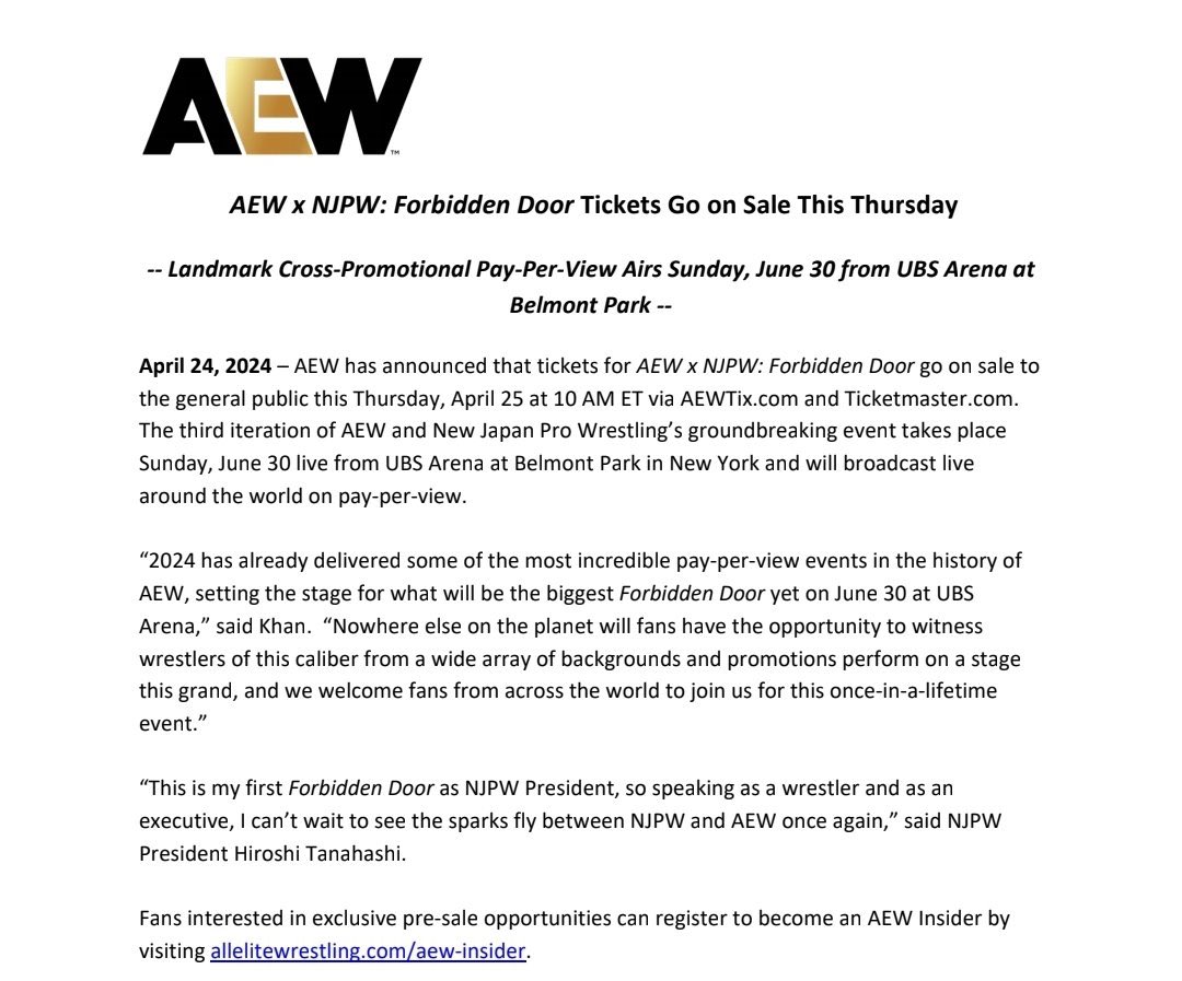 Selon Fightful, la billetterie pour le PPV Forbidden Door #AEWxNJPW ouvre ce jeudi !!!! #AEW #AEWFrance