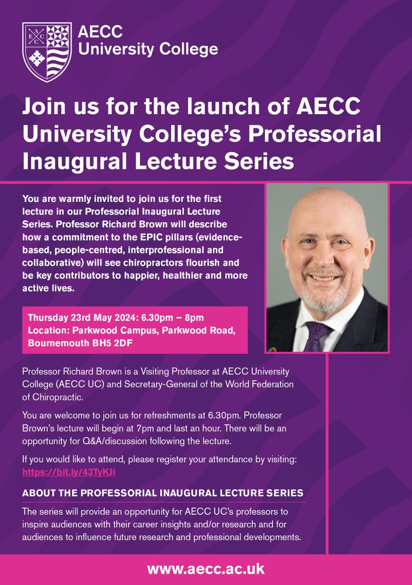 HealthSciUni's tweet photo. π’On Thursday 23 May we will be inviting students, staff, alumni & members of the public to attend an evening lecture by Prof. @UK_RichardBrown - Visiting Prof. at AECC UC & Secretary-General of @WFCchiropractic. This will launch our #Professorial Inaugural Lecture Series.ππ§΅1/3 https://t.co/jmoefnyz1h