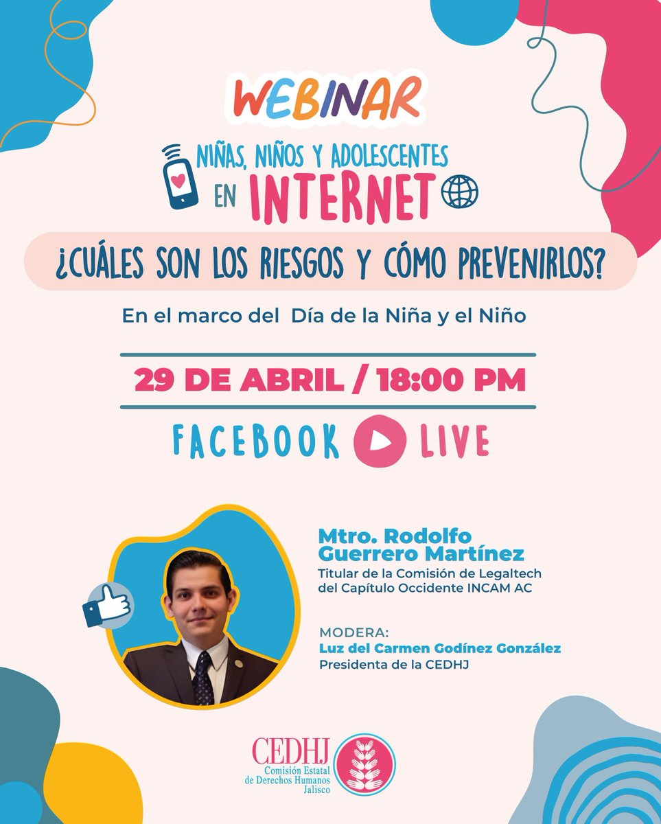 CEDHJ's tweet photo. No te pierdas esta #charla en la que se aborda la manera en que podemos, como madres, padres o personas cuidadoras, reconocer y prevenir los riesgos que enfrentan #niñas, #niños y #adolescentes en los entornos digitales 💻📲.

 ✅ Acompáñanos con el Mtro. Rodolfo Guerrero https://t.co/u6hAjj0x1y