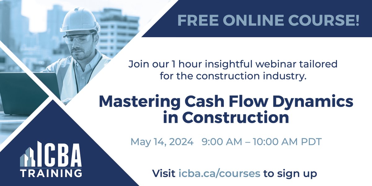 Don't miss our Mastering Cash Flow Dynamics in Construction webinar May 14! Struggling with cash flow challenges in your business? Looking for strategies to keep your finances on track? Join us for this FREE webinar. Click here to register: icbatraining.arlo.co/w/courses/522-…