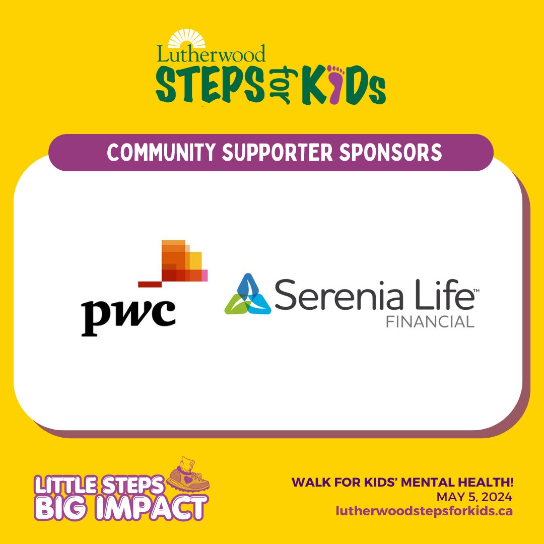 Meet our Community Supporter Sponsors who are stepping up for kids' mental health on May 5th during #ChildrensMentalHealthWeek this year! @PwC @SereniaLife

You can join the fun too! Register at lutherwoodstepsforkids.ca

#StepsForKids2024 #LittleStepsBigImpact