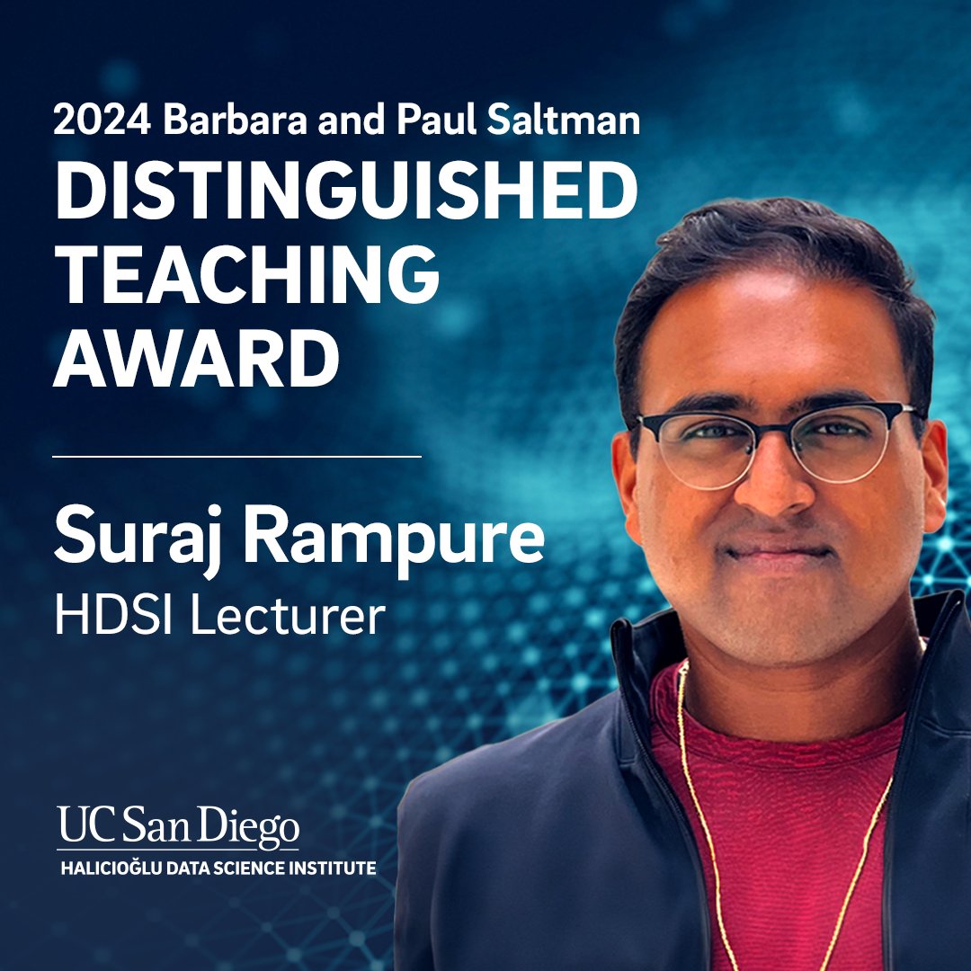 HDSIUCSD's tweet photo. Hearty congratulations to @rampure_suraj, Lecturer at HDSI UC San Diego, for winning the 2024 Barbara &amp; Paul Saltman Distinguished Teaching Award! 🏆
His stellar teaching methods light the way in data science education.
Read here - https://t.co/WoxUTZ2vQ4
#HDSI #UCSD #DataScience https://t.co/SjSP84I8Hs