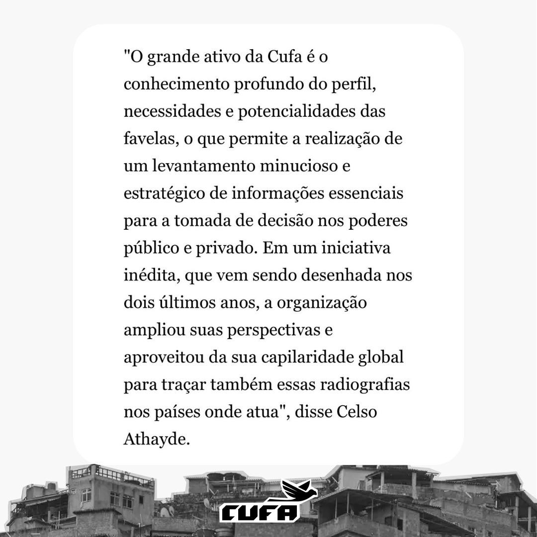 A #CIF20 será inaugurada no Complexo da Penha pela <a href="/CUFA_Brasil/">CUFA Brasil</a> , <a href="/FNAntirracista/">Frente Nacional Antirracista</a> e Frente Parlamentar das Favelas. Eventos ocorrerão em mais de 3 mil favelas no Brasil e em 41 países. Mais informações na entrevista ao <a href="/JornalOGlobo/">Jornal O Globo</a> com <a href="/celsoathayde/">Celso Athayde</a> , fundador da CUFA. #cufa