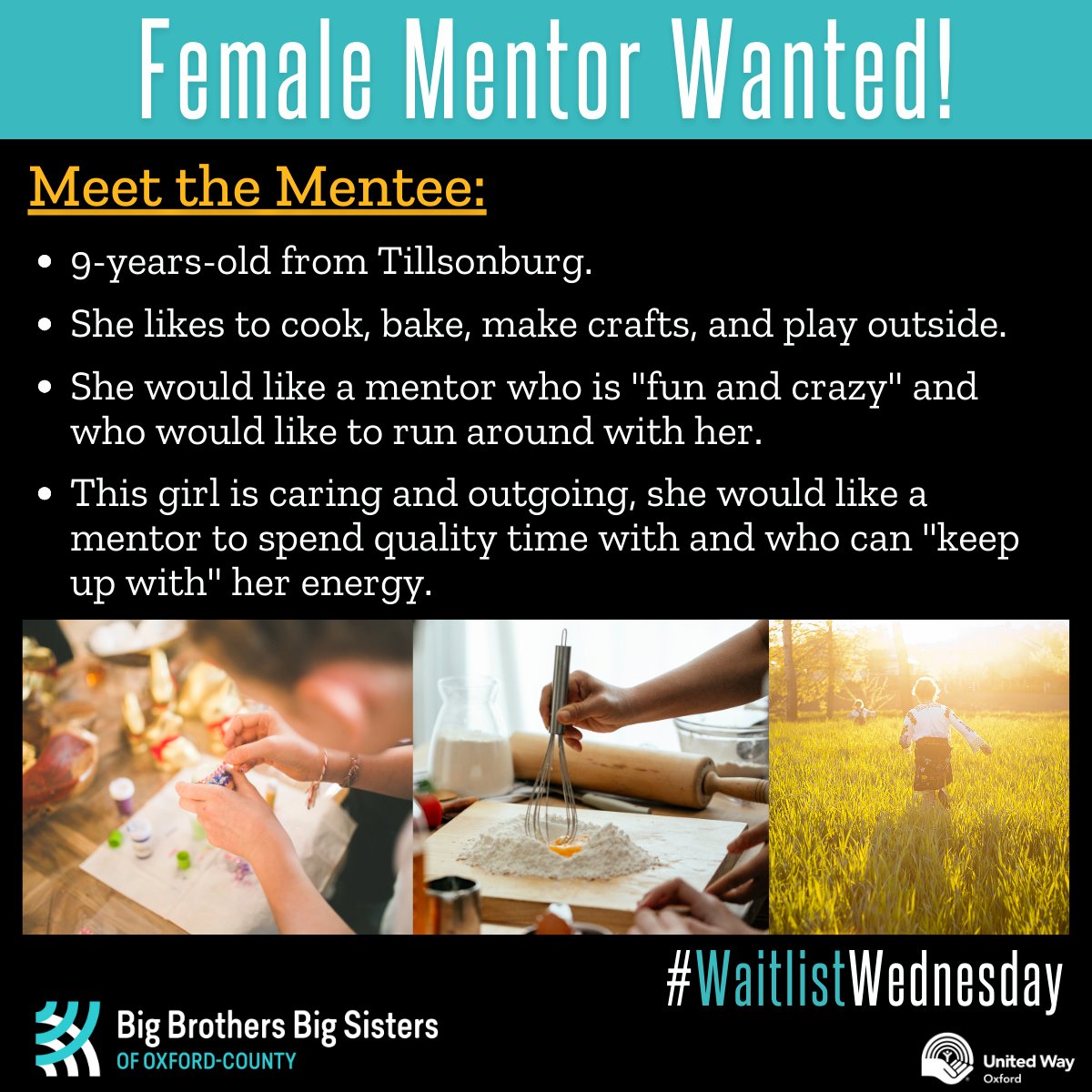 📣#WaitlistWednesday
Meet our mentee - a 9 year old girl from #Tillsonburg.
She hopes her mentor will be 'fun and crazy' like her, & 'keep up with' her energy! 🏃‍♀️
Start your application here: oxford.bigbrothersbigsisters.ca/volunteer/.
#MentorshipMatters #BeAMentor #IgnitePotential🔥 #OxfordCounty