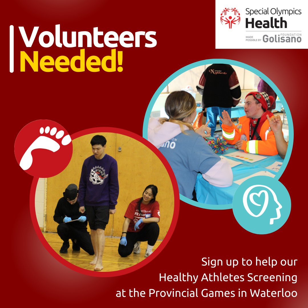 We're looking for Fit Feet (podiatry), Strong Minds (mental health), and general (administrative) volunteers to help with our Healthy Athletes screening at the Provincial Games in Waterloo (May 24-25). For more info and to sign up, visit: www1.specialolympicsontario.com/health/healthy…