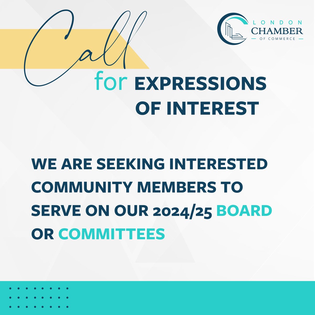 Expressions of interest are due April 30! Shape London's business landscape by applying for our 2024/25 Board or Committees. Learn more: londonchamber.com/call-for-expre…