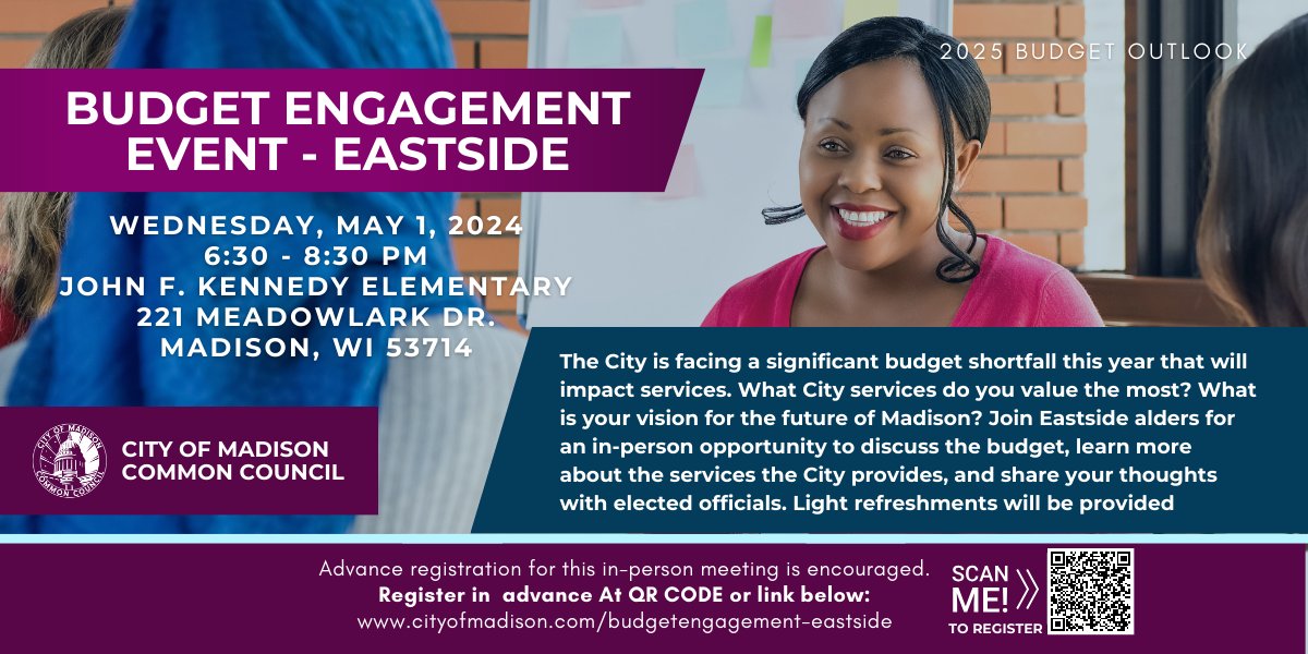 Join Eastside Alders to learn about the City budget and give feedback at this public event on Wed May 1st at 6:30. Register in advance at QR code in image or at ow.ly/Lwgn50RmCWy