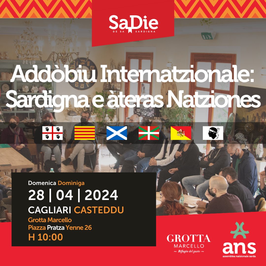 On #SaDieDeSaSardigna, an international meeting with associations from 6 Stateless Nations: Catalonia, Corsica, Basque Country, Scotland and Sicily. They debate about identity, self-determination and national holidays.

Are you going to miss it? No!

INFO: bit.ly/3UbjDq1