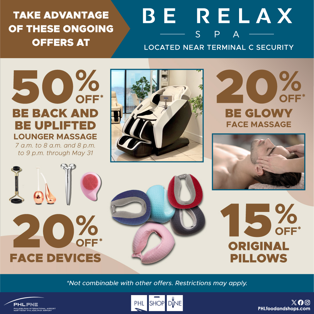 In need of some pampering before your travels? Be Relax located in Terminal C is offering discounts on services and products until June 30th. Stop by to take advantage of their offer! 

@phlairport
