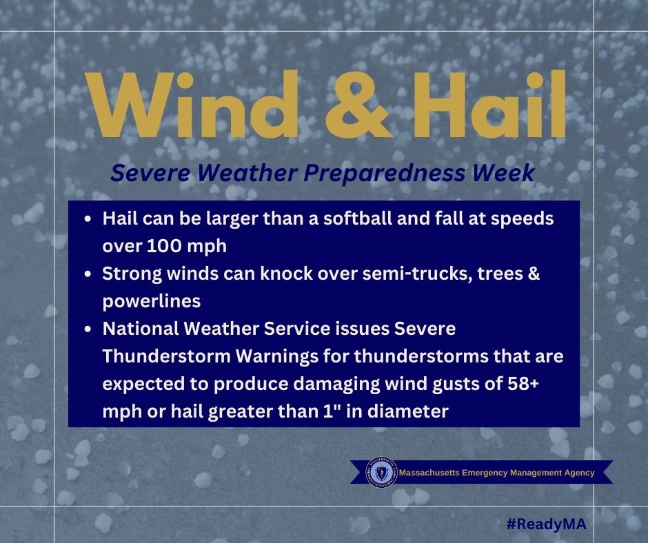 It’s day 3 of #SevereWeatherPreparednessWeek and we are highlighting hail and strong winds. Did you know that hail can fall at speeds of over 100 mph? The NWS says hail and straight-line winds can be just as deadly as tornadoes. Hail can even be larger than a softball! #ReadyMA