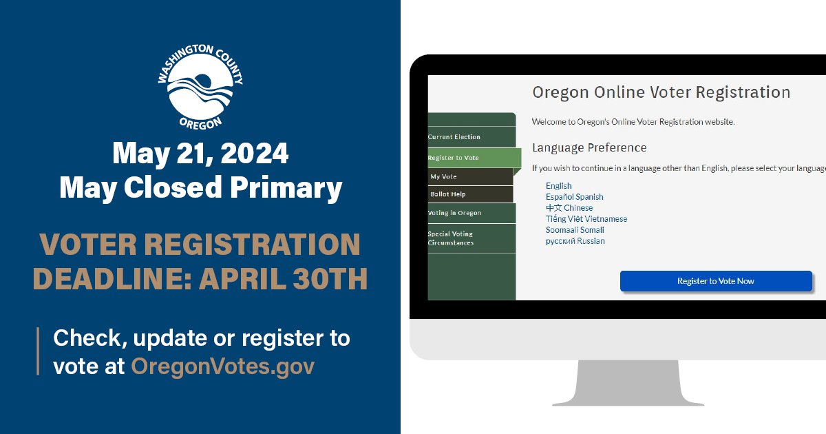 WashcoOregon's tweet photo. Donβt miss the voter registration deadline! You have until 11:59pm on Tuesday, April 30 to update or change your information for the May Primary Election. Registering to vote online at https://t.co/SeQewRTWAC is easy & can be done in just 3 minutes. #VotingInOregonFeelsGood https://t.co/t8qOFlO3wh