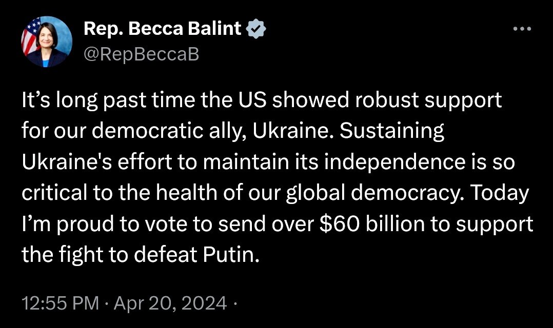 🚨Remember how lying shitbag @RepBeccaB said she's 'proud' to send over $60 billion of OUR MONEY to 'defeat Putin'?

#UkraineAid #BeccaBalint #vtpoli
@vtdems @VTDC802 @TrueNorthMikeB @wcax @bfp_news @TimesArgus @RutlandHerald @sevendaysvt @NewsTalkWVMT @banner_news @BrattReformer