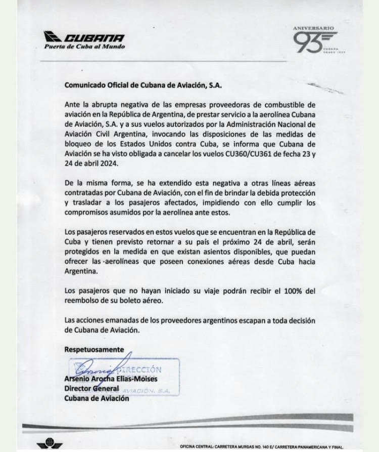 Cubana de Aviación suspende los vuelos con Argentina. No le venden combustible en nuestro país plegándose al bloqueo que Estados Unidos mantiene desde hace más de seis décadas sobre Cuba.