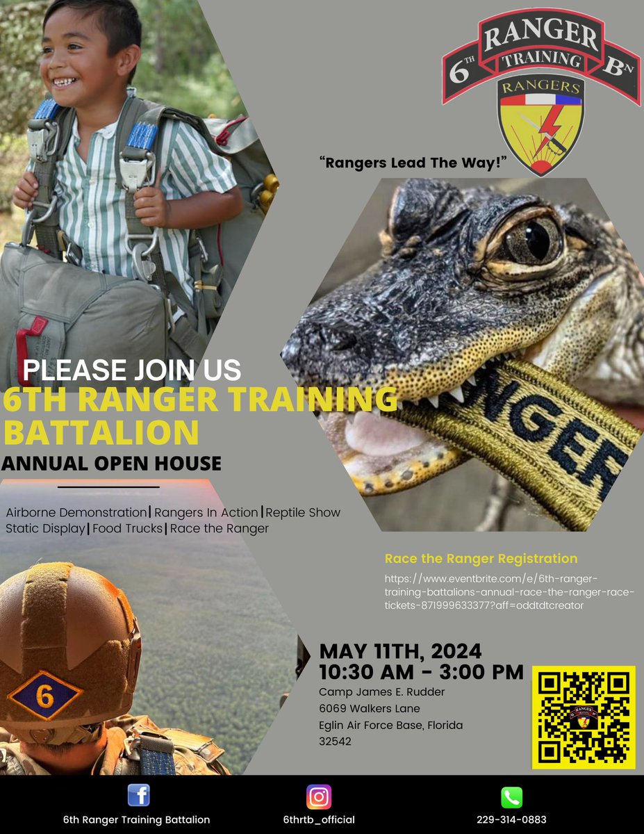 Mark your calendars for May 11th and join us at the 6th Ranger training battalion's annual open house! Get ready for an action-packed day filled with airborne demonstrations, reptile shows, food trucks, and more! 🌟 #6thRangerBattalion #RLTW #OpenHouse #FamilyFun